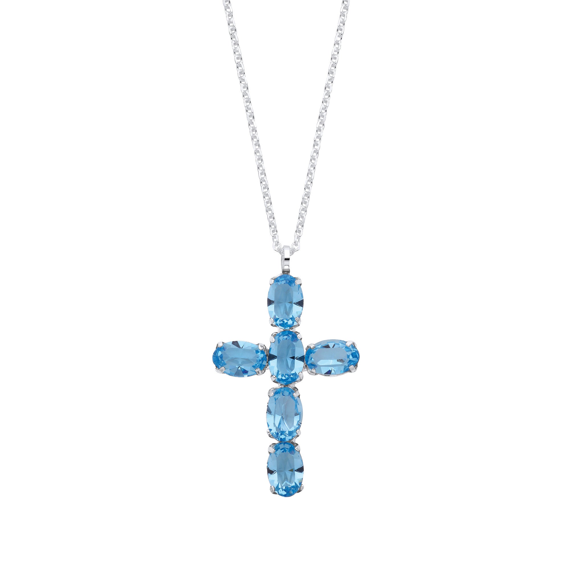 Silver Blue Crystal Cross Pendant on Chain