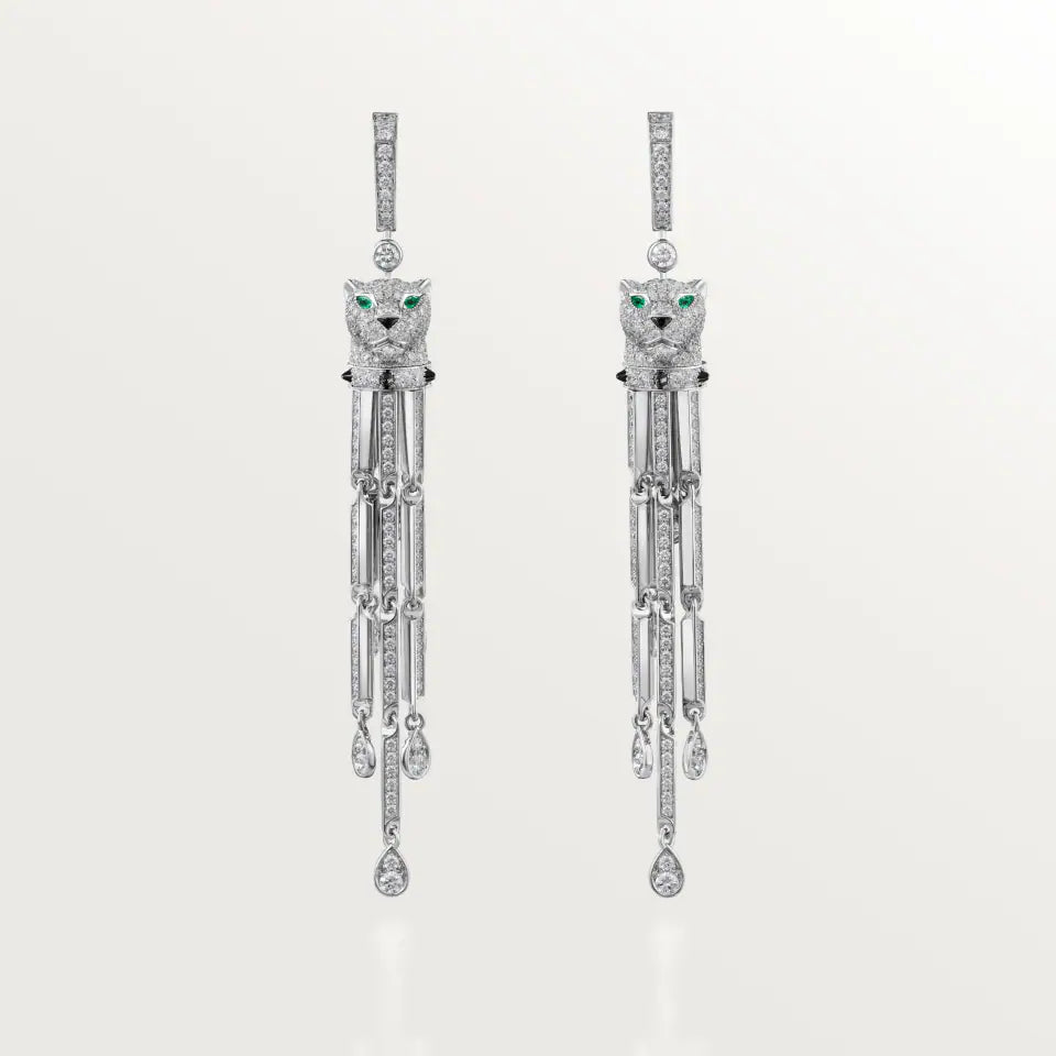 Cartier Panthère de Cartier Earrings Paved 4.32 Ct Onyx Emeralds Diamonds 18K White Gold