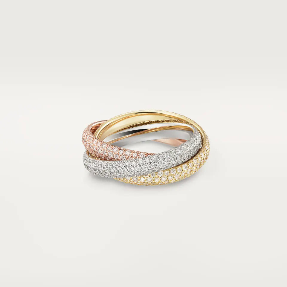 Cartier Trinity Ring Classic Model Paved Diamonds 18K White, Yellow & Rose Gold