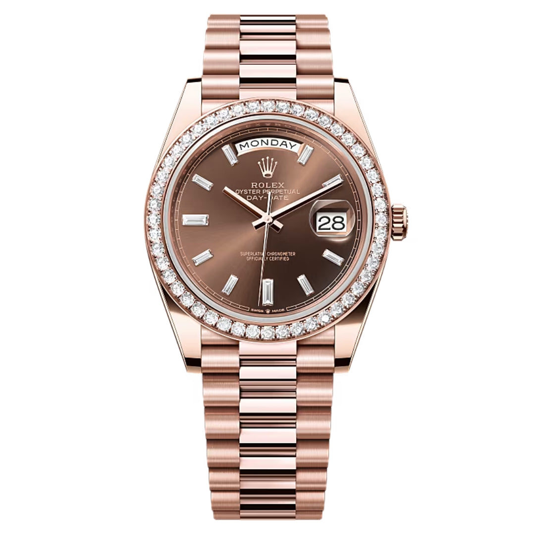 Rolex Day-Date 40 228345RBR Factory Chocolate Baguette Dial and Diamond Bezel 2023