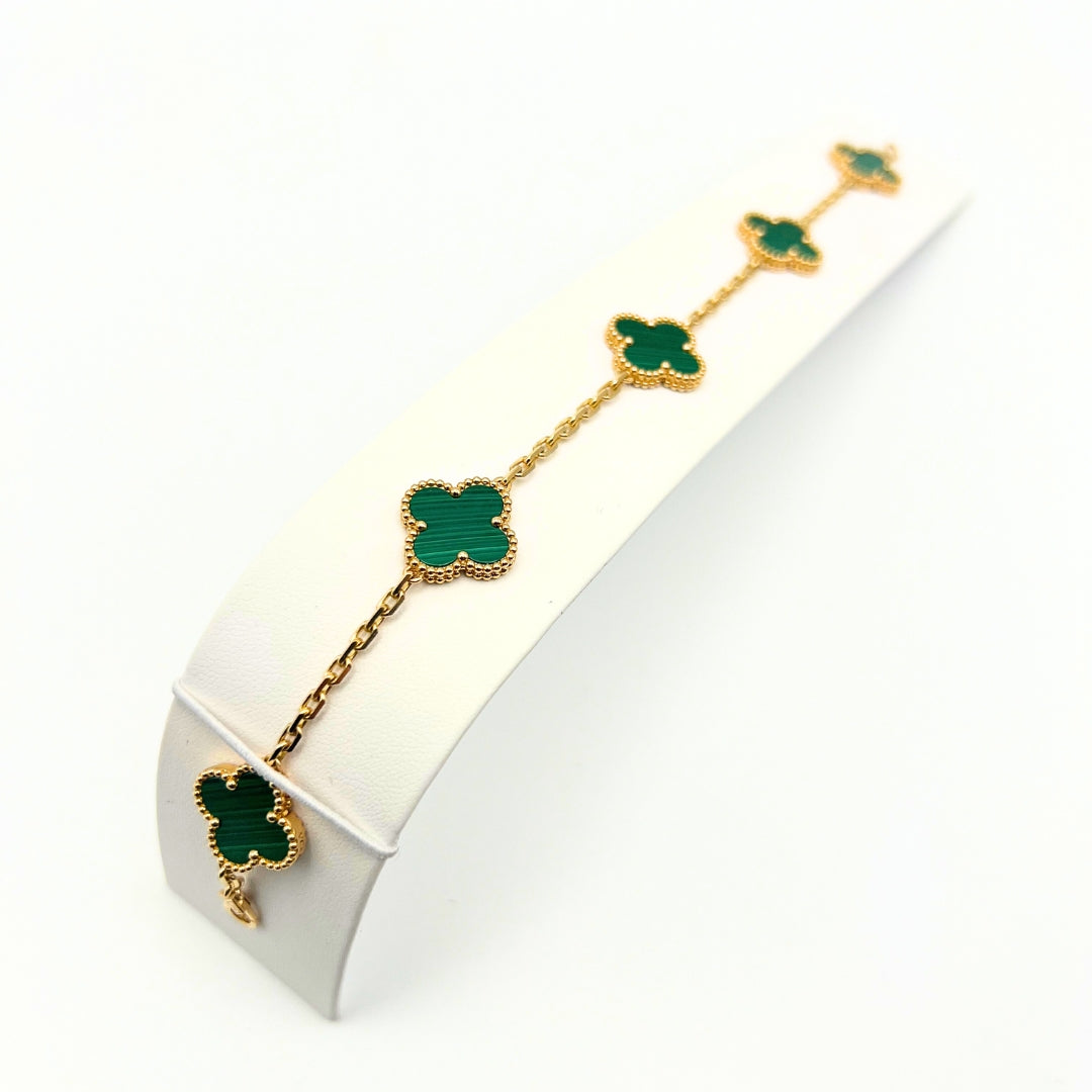 Van Cleef &amp; Arpels Bracelet Alhambra Vintage 5 Motifs Malachite Or Jaune 18 Carats