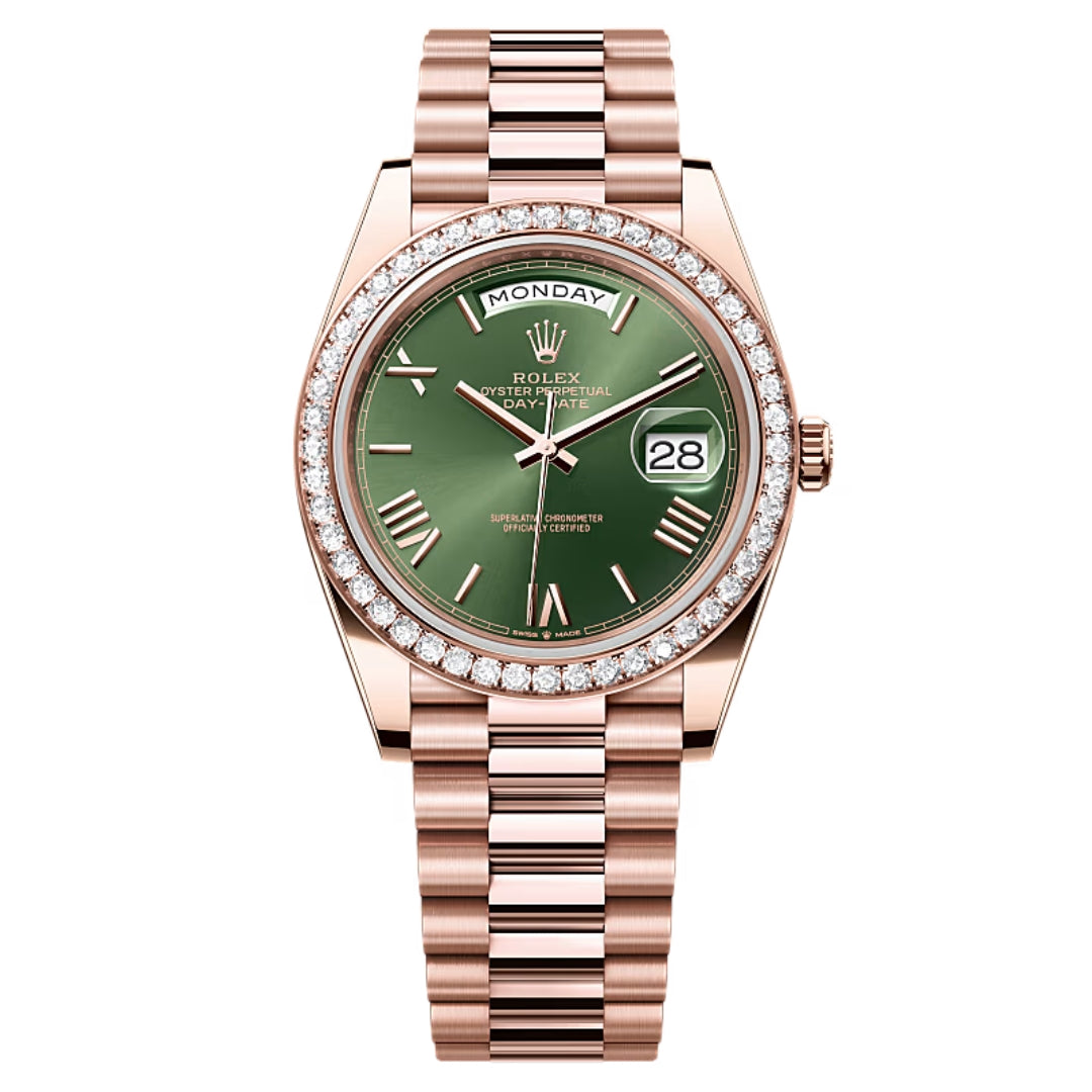 Rolex Day-Date 40 228345RBR Factory Diamond Bezel and Olive Roman Numeral Dial 2023