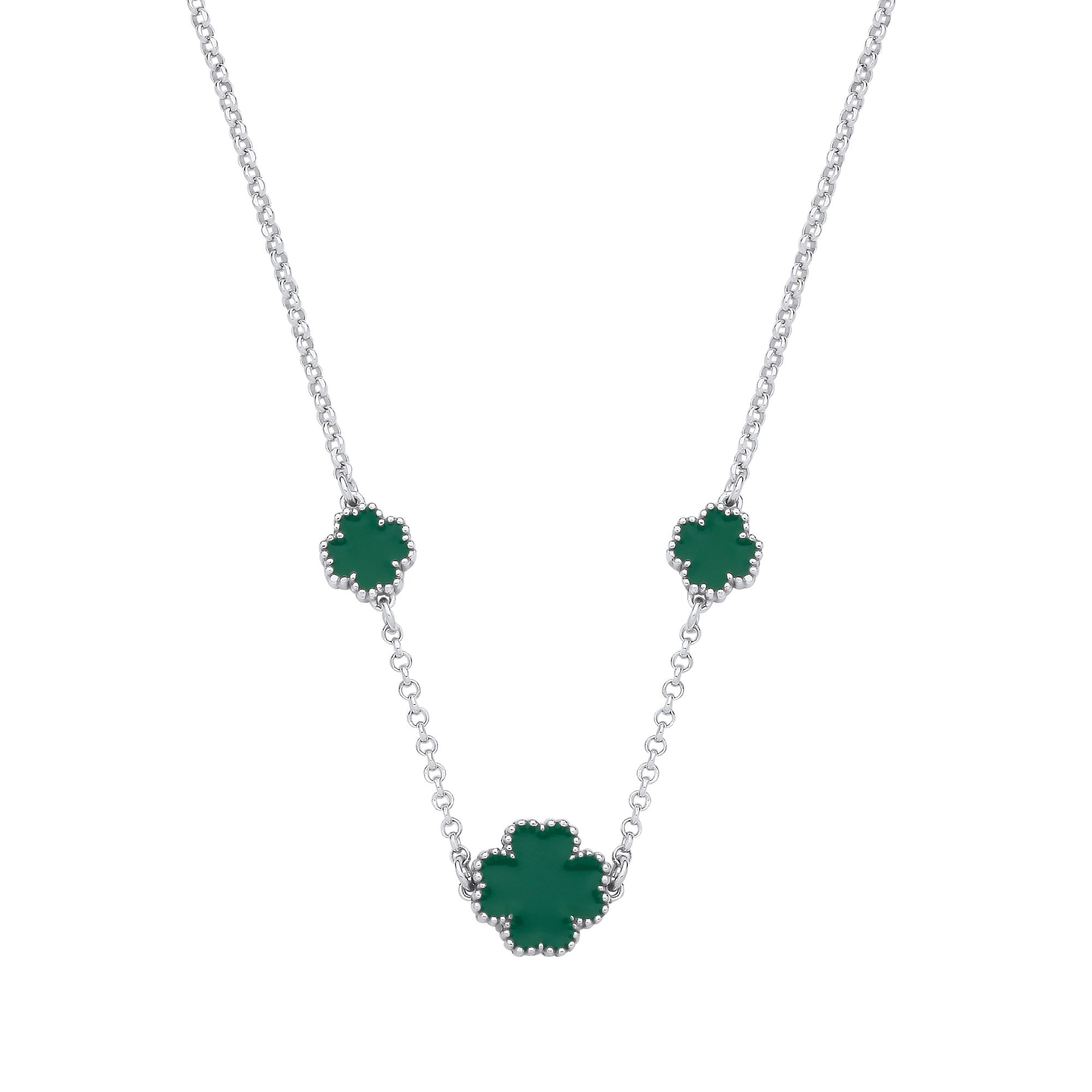 Silver GREEN Enamel Four Leaf Clover Necklace