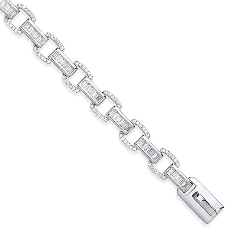 Silver Baguette & Round 226 CZs Ladies Bracelet