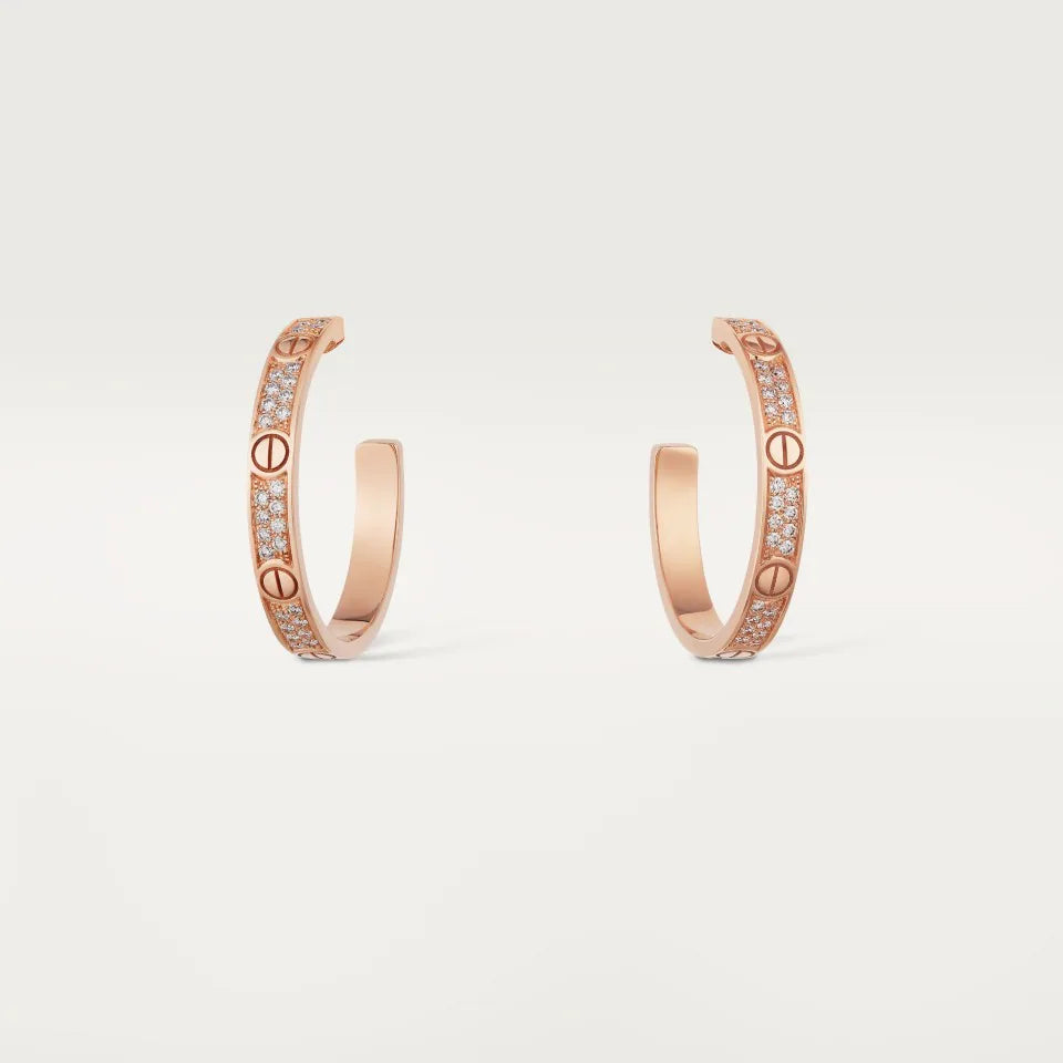 Cartier Love Hoop Earrings Medium Model Paved Diamonds 18K Rose Gold