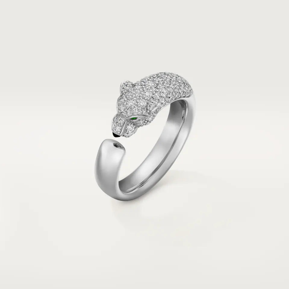 Cartier Panthère de Cartier Ring Small Model Half-Paved Emeralds Onyx Diamonds 18K White Gold