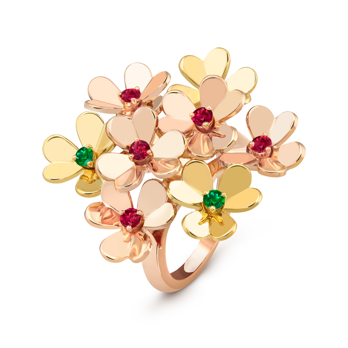 Van Cleef & Arpels Frivole 8 Flowers Emerald Ruby Ring 18K Rose & Yellow Gold