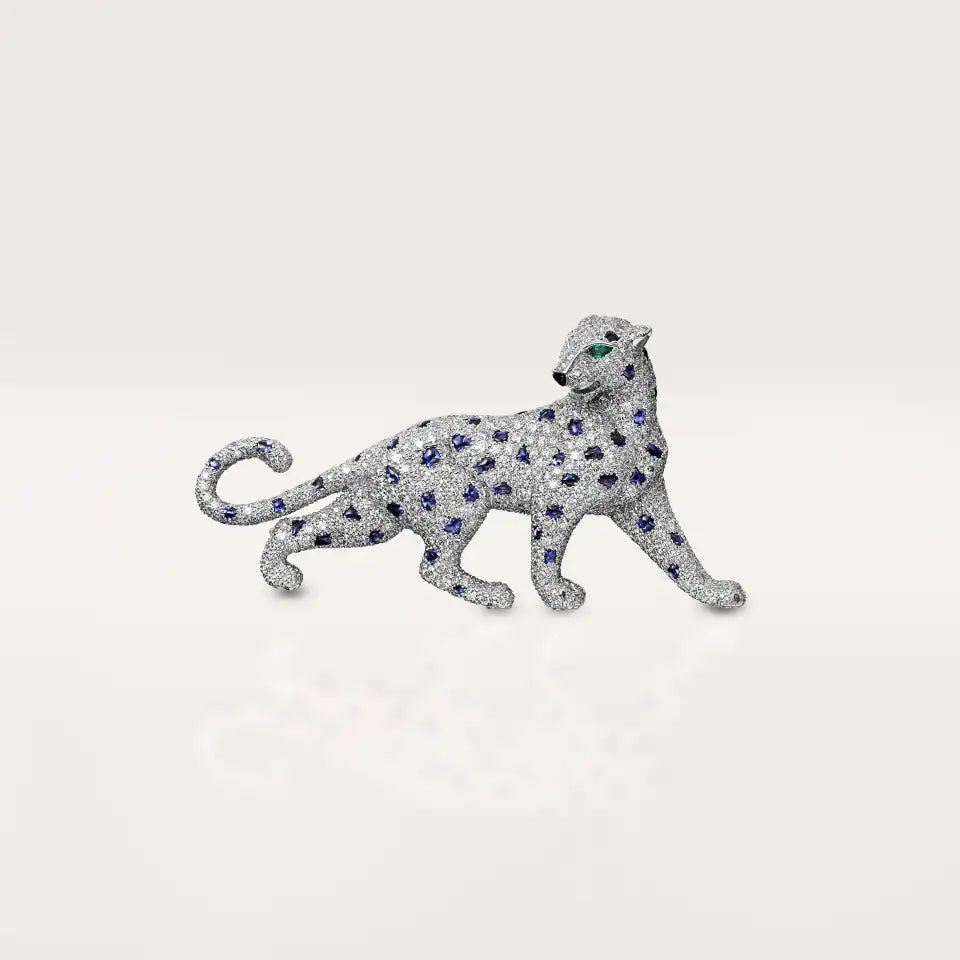 Cartier Panthère de Cartier Brooch Sapphire Paved Emeralds Onyx Diamonds 18K White Gold