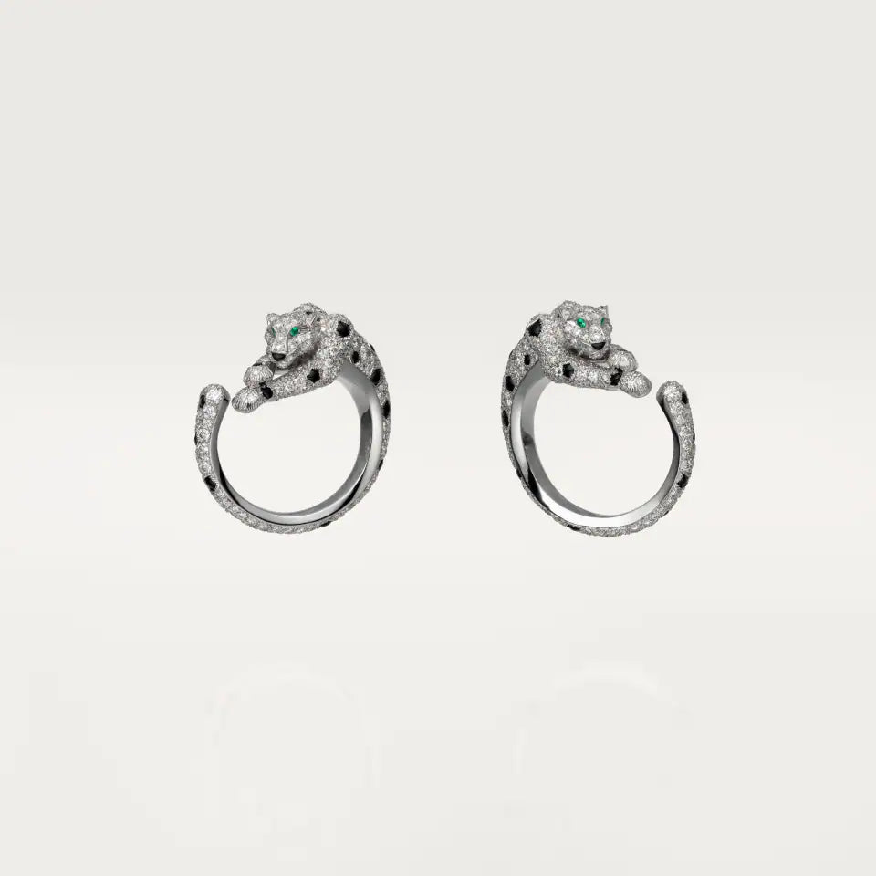 Cartier Panthère de Cartier Hoop Earrings Paved Emeralds Onyx Diamonds 18K White Gold
