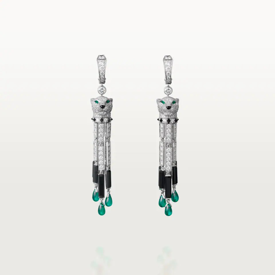 Cartier Panthère de Cartier Earrings Emerald Large Model Paved Onyx Diamonds 18K White Gold