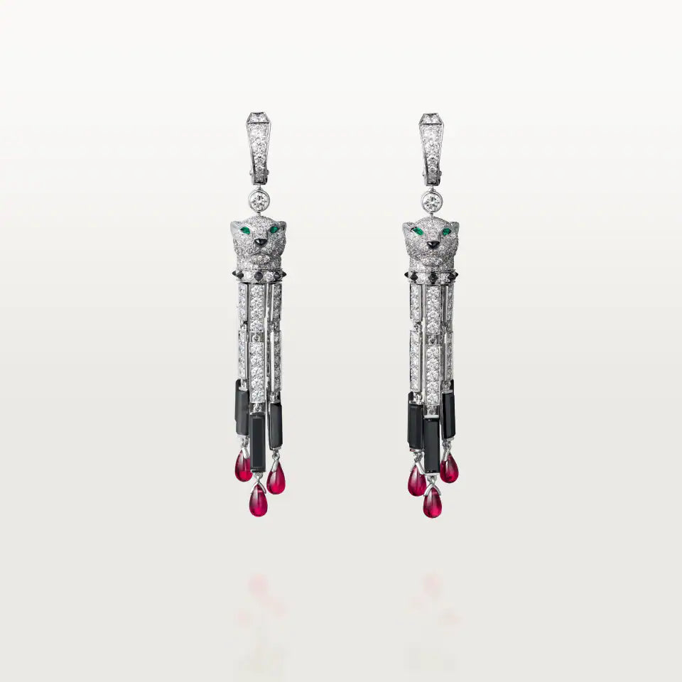 Cartier Panthère de Cartier Earrings Ruby Large Model Paved 5.95 Ct Emeralds Onyx Diamonds 18K White Gold