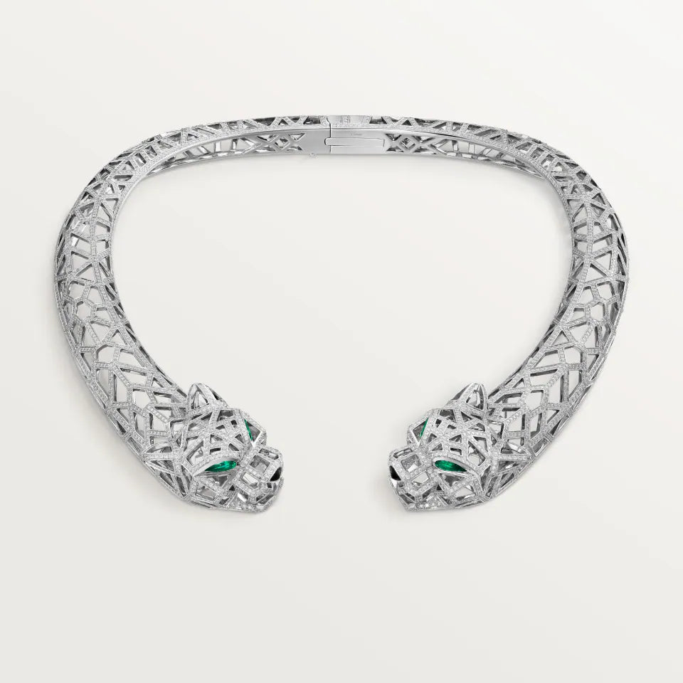 Cartier Panthère de Cartier Necklace Paved 19.05 Ct Onyx Emeralds Diamonds 18K White Gold