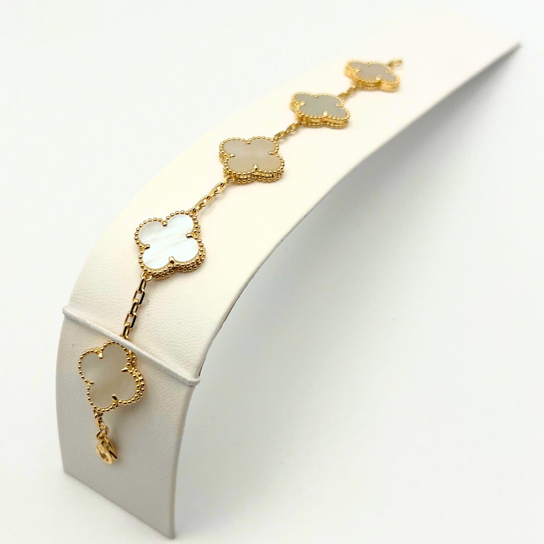 Van Cleef &amp; Arpels Vintage Alhambra Bracelet 5 Motifs Nacre Blanche Or Jaune 18 Carats 