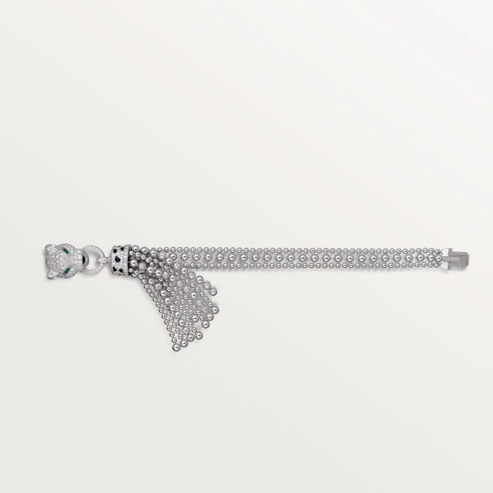 Cartier Panthère de Cartier Bracelet on Chain Half-Paved Emeralds Onyx Diamonds 18K White Gold
