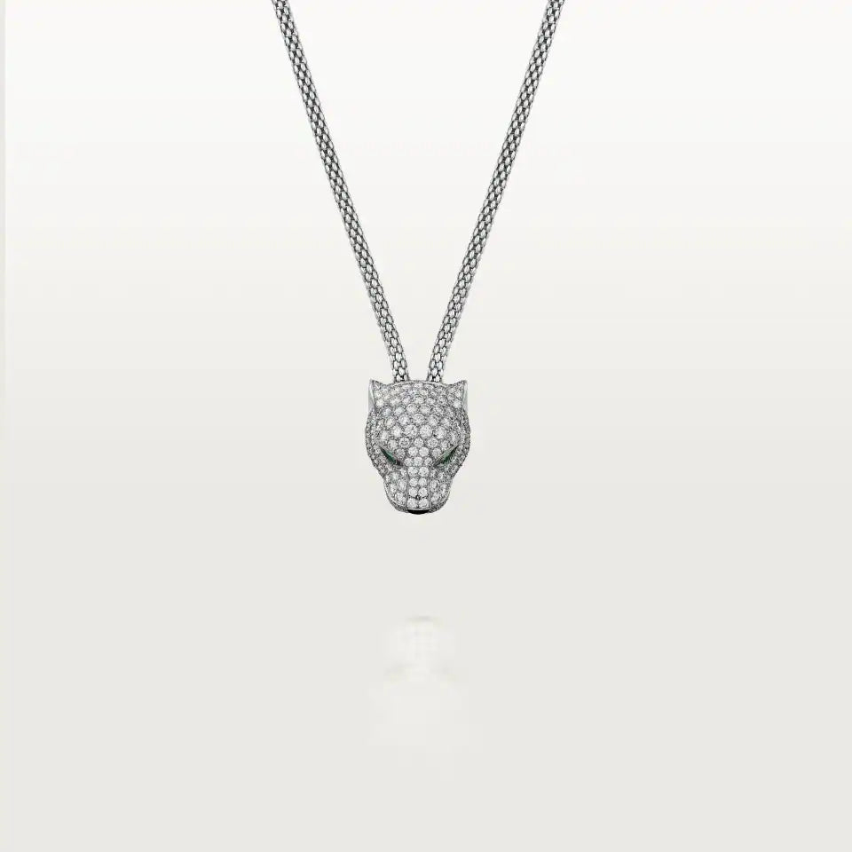 Cartier Panthère de Cartier Necklace Paved 5.68 Ct Emeralds Onyx Diamonds 18K White Gold
