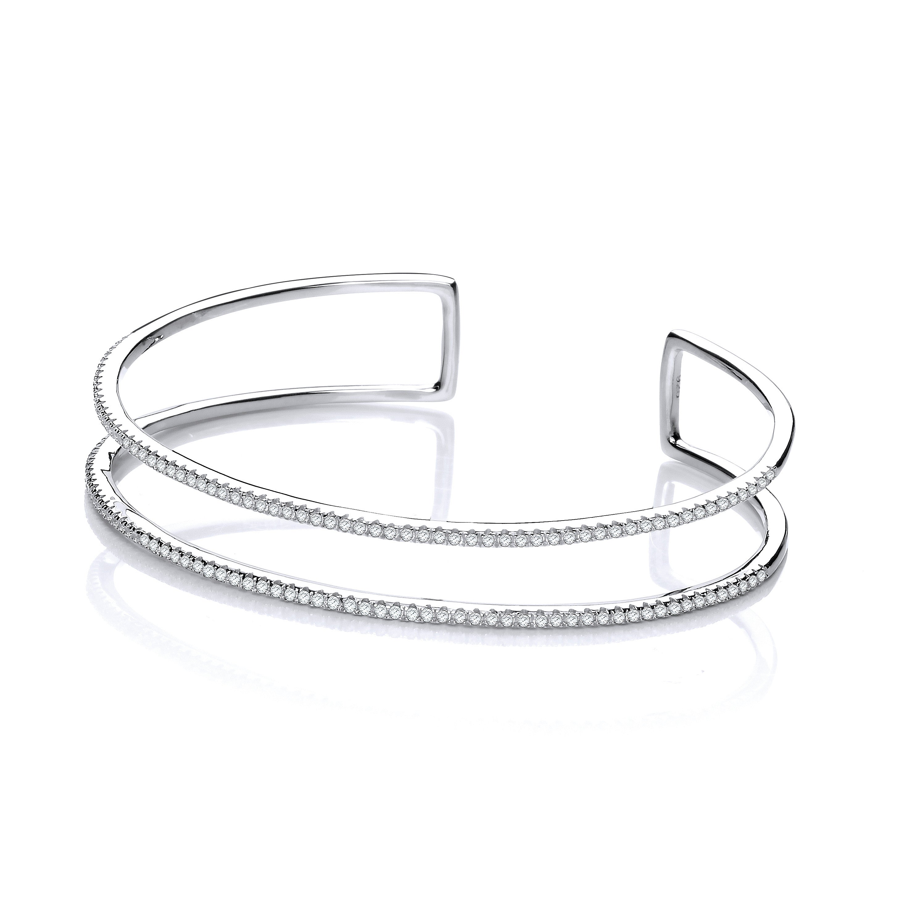 Micro Pave' Two Row Cz Cuff Silver Bangle