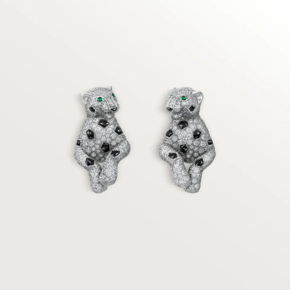 Cartier Panthère de Cartier Earrings Paved 1.79 Ct Onyx Emeralds Diamonds 18K White Gold
