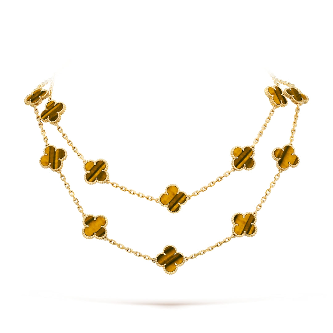 Van Cleef & Arpels Vintage Alhambra Necklace 20 Motifs Tiger Eye 18K Yellow Gold