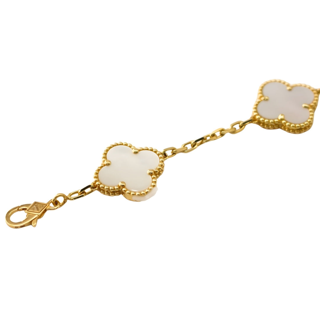 Van Cleef &amp; Arpels Vintage Alhambra Bracelet 5 Motifs Nacre Blanche Or Jaune 18 Carats 