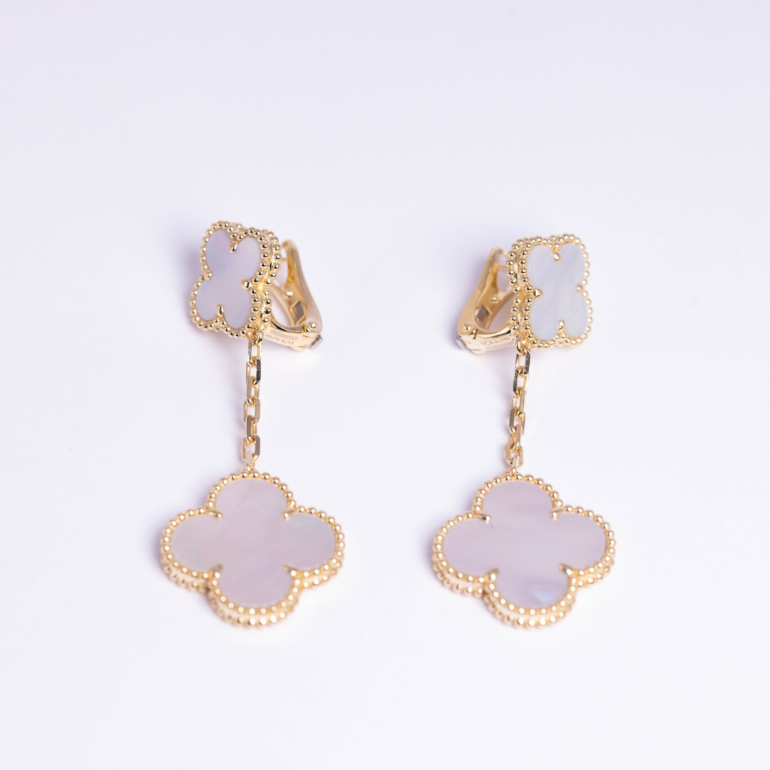 Van Cleef & Arpels Magic Alhambra Earrings 2 Motifs Mother-Of-Pearl 18K Yellow Gold