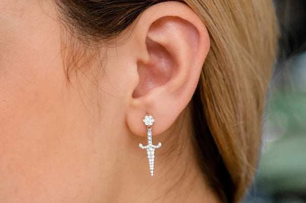 Erkals Jewellers Dangling Ancient Dagger Stud Earrings 18K Gold 0.70ctw