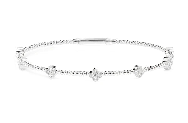 Erkals Jewellers Beaded Milgrain Diamond Clover Flex Bangle Bracelet 18K Gold 0.45ctw
