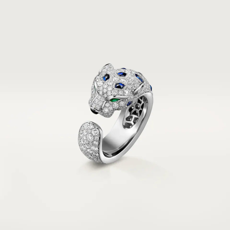 Cartier Panthère de Cartier Ring Medium Model Half-Paved Emeralds Sapphires Diamonds 18K White Gold