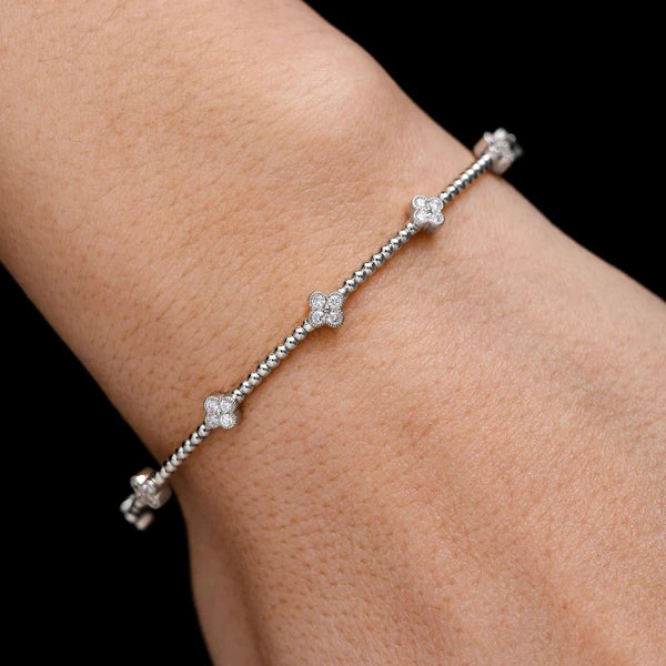 Erkals Jewellers Beaded Milgrain Diamond Clover Flex Bangle Bracelet 18K Gold 0.45ctw