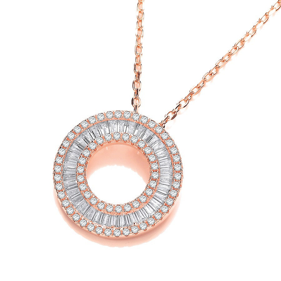 Rose Coated Silver Circle of Life Baguettes & Round Cz 17" Necklace