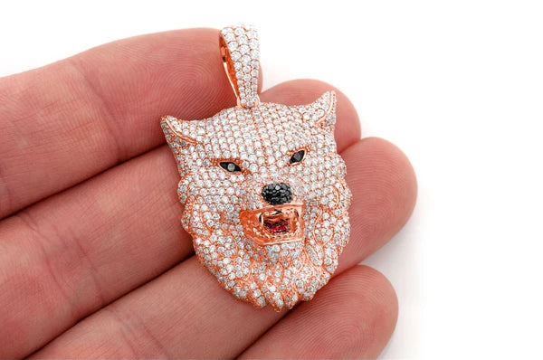 4.75ct Diamond Wolf Head Pendant 14K Solid Gold