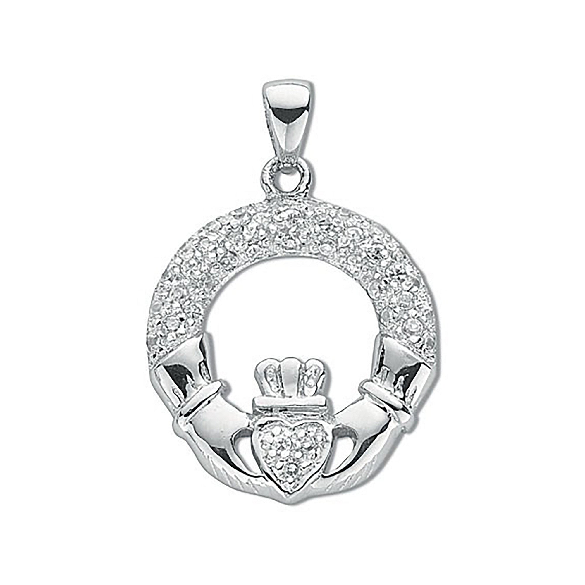 Silver Pave Set Cz Claddagh Drop Pendant