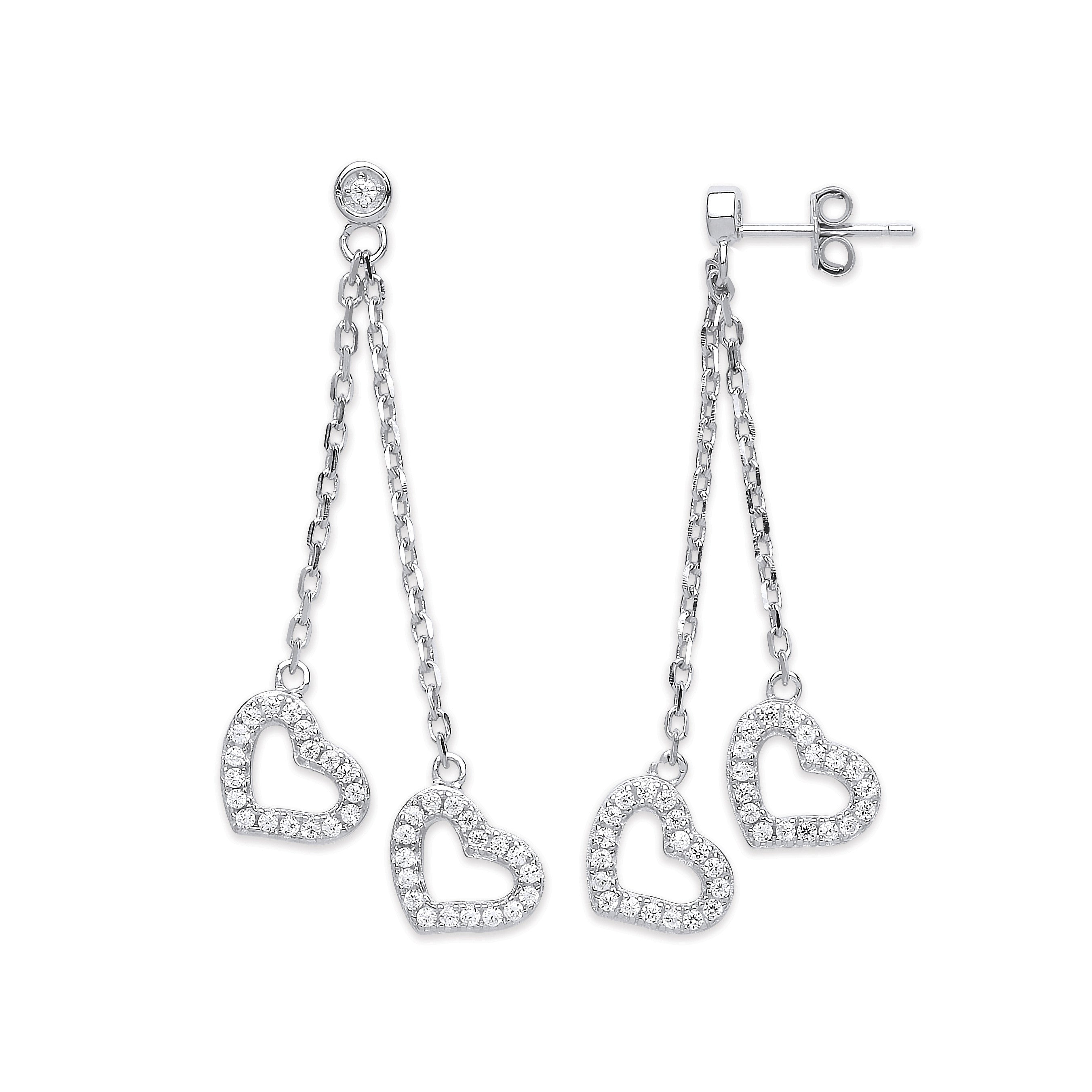 Silver 2-Strand Cz Hearts Drop Earrings