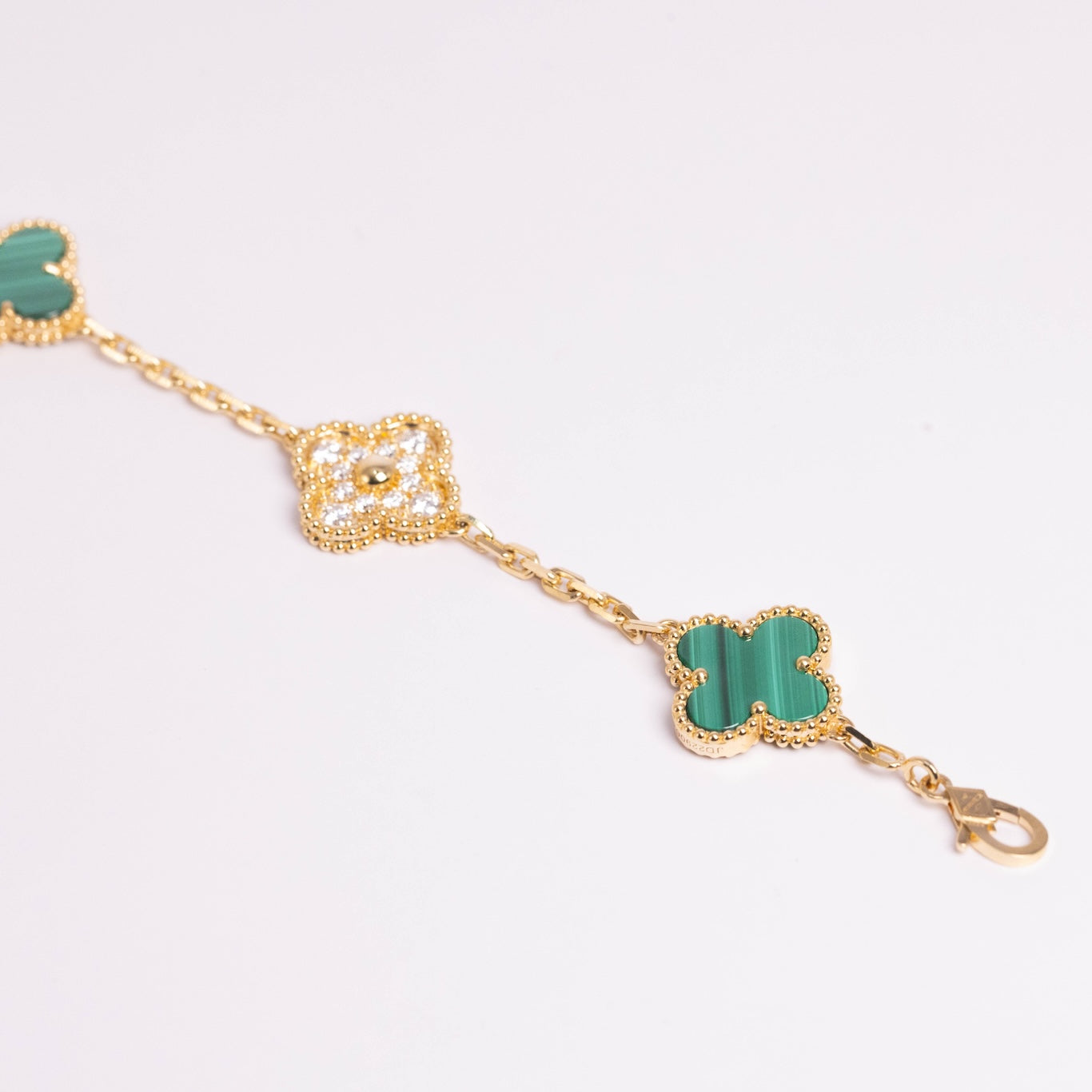 Van Cleef & Arpels Vintage Alhambra Bracelet 5 Motifs Diamond Malachite 18K Yellow Gold