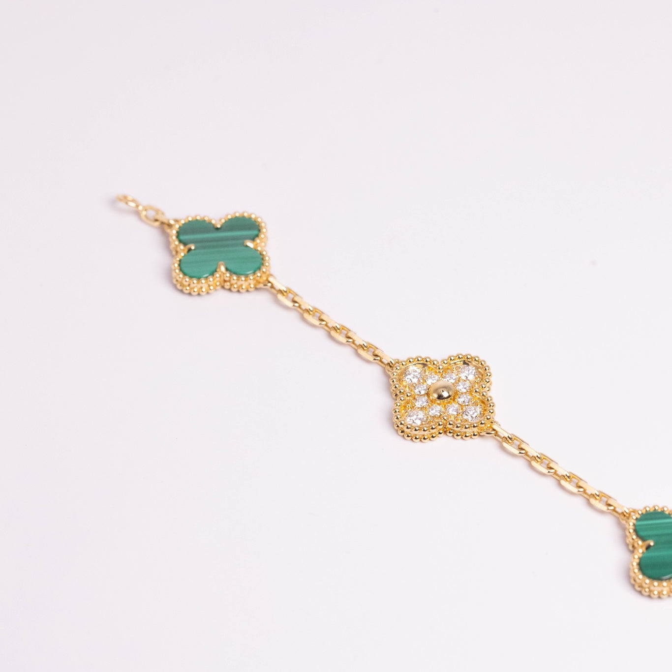 Van Cleef & Arpels Vintage Alhambra Bracelet 5 Motifs Diamond Malachite 18K Yellow Gold