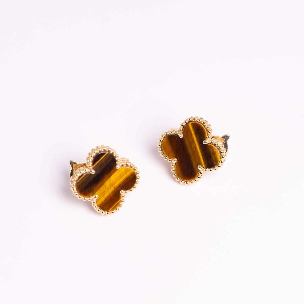 Van Cleef & Arpels Vintage Alhambra Earrings Tiger Eye 18K Yellow Gold