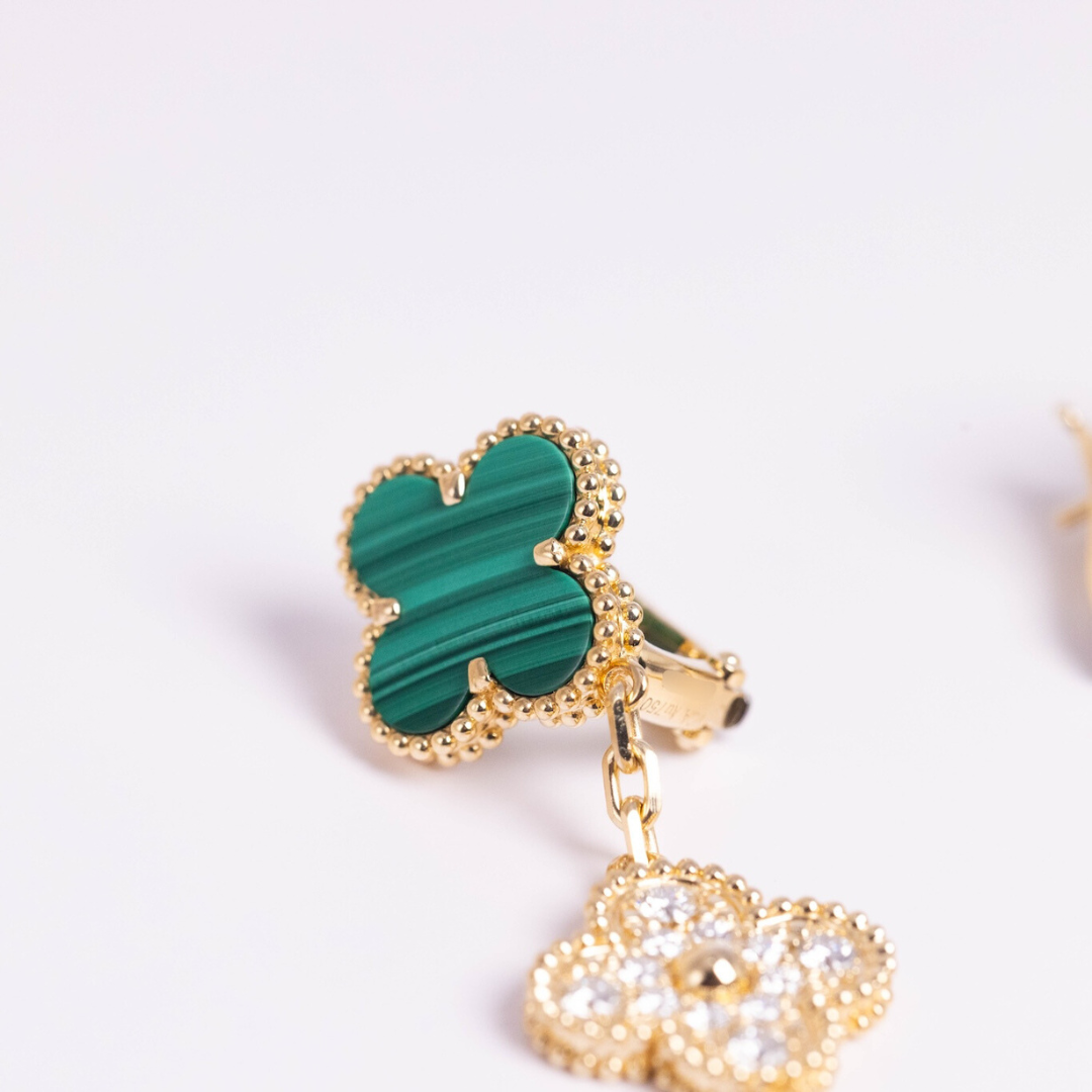 Van Cleef & Arpels Magic Alhambra Earrings 3 Motifs Diamonds and Malachite 18K Yellow Gold