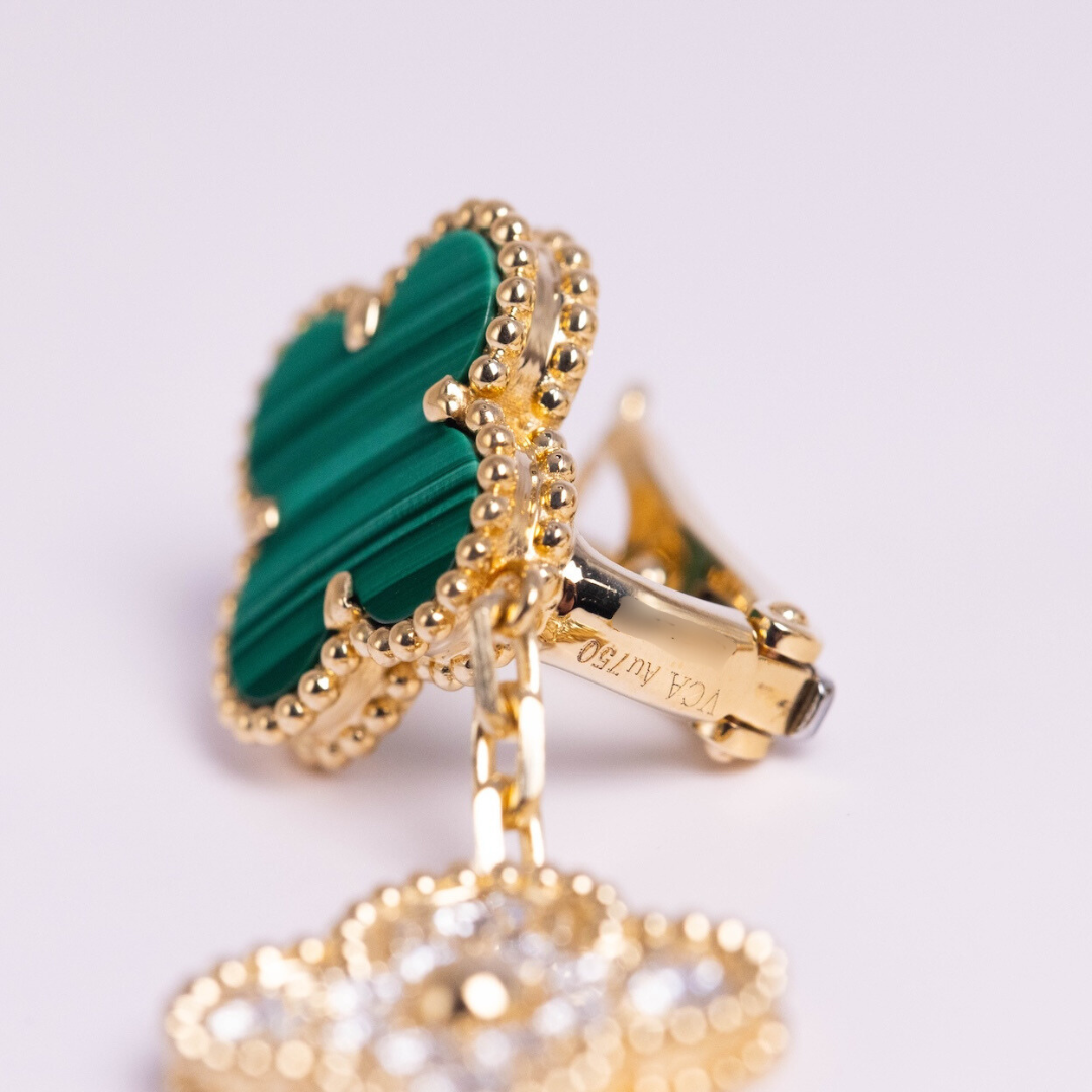 Van Cleef & Arpels Magic Alhambra Earrings 3 Motifs Diamonds and Malachite 18K Yellow Gold