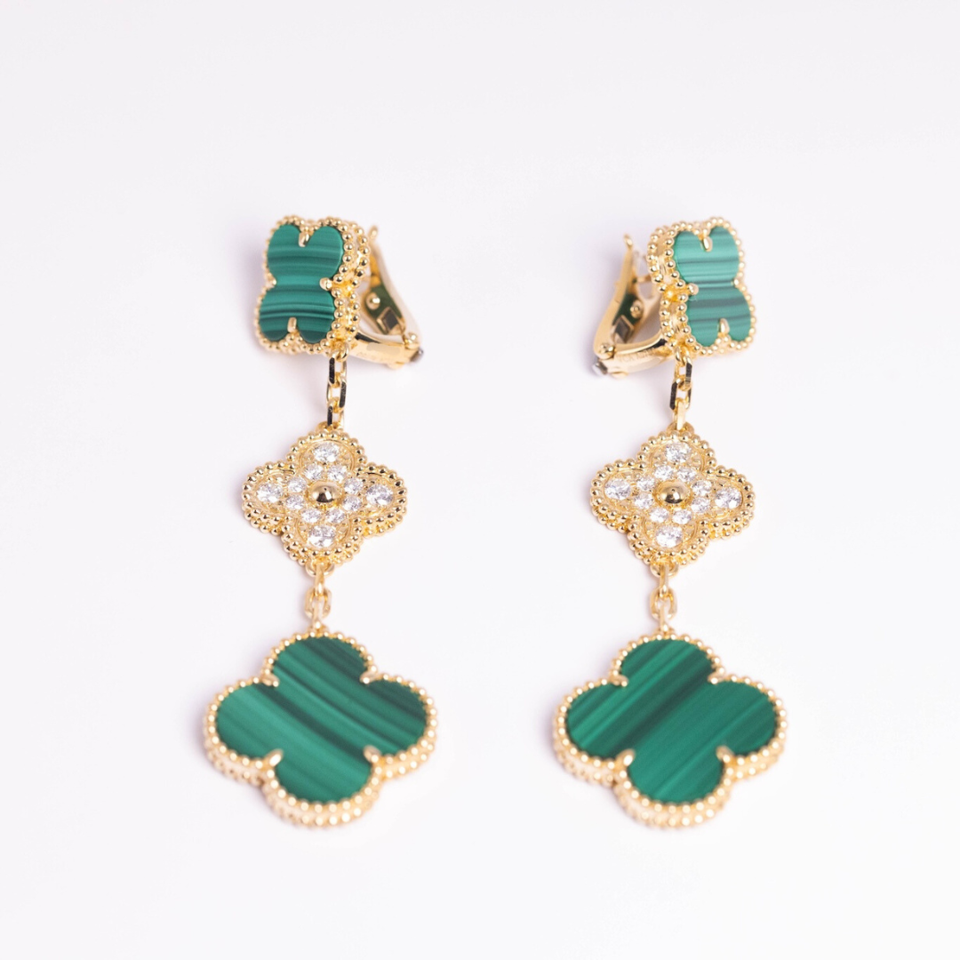 Van Cleef & Arpels Magic Alhambra Earrings 3 Motifs Diamonds and Malachite 18K Yellow Gold