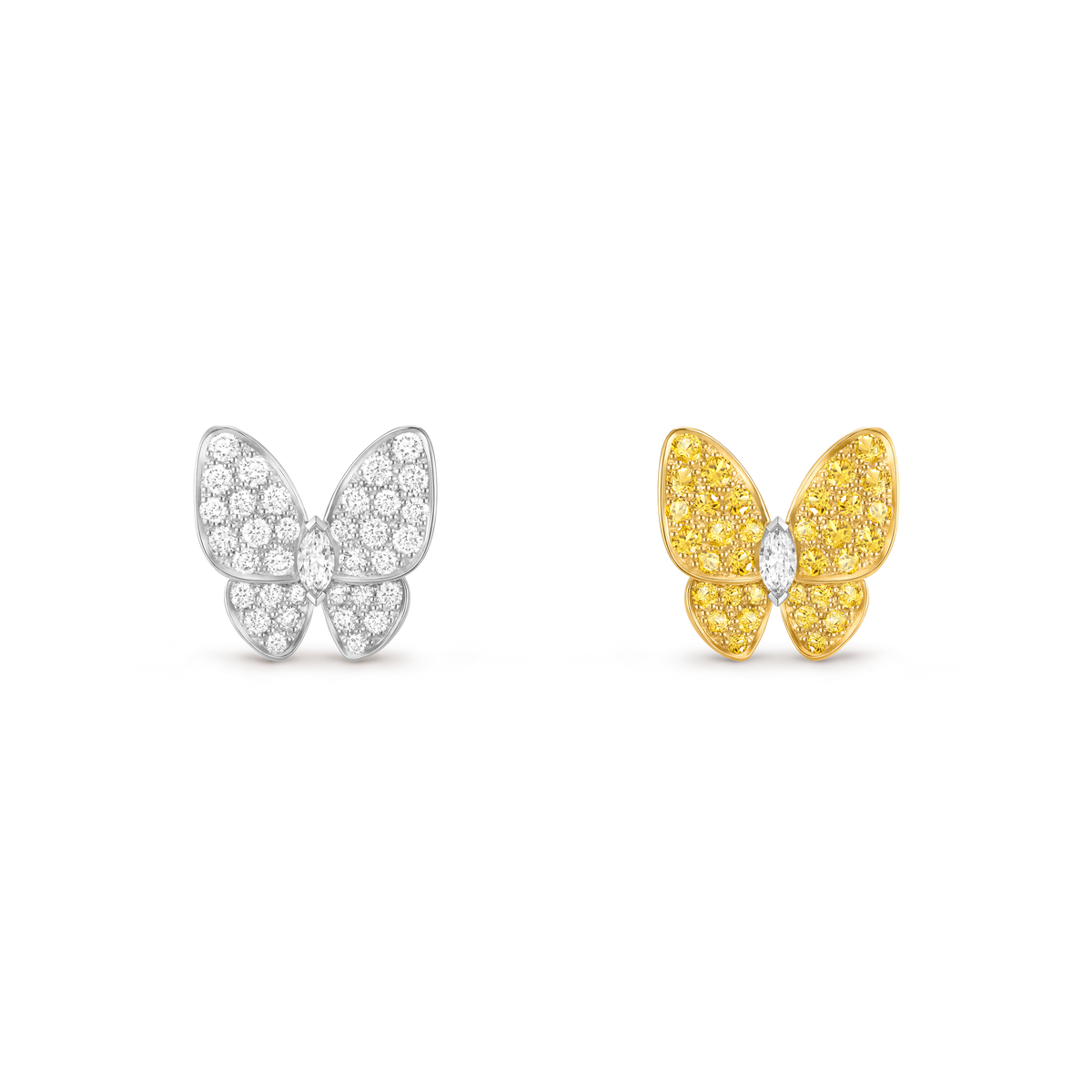 Van Cleef & Arpels Two Butterfly Diamond Sapphire Earrings 18K White & Yellow Gold