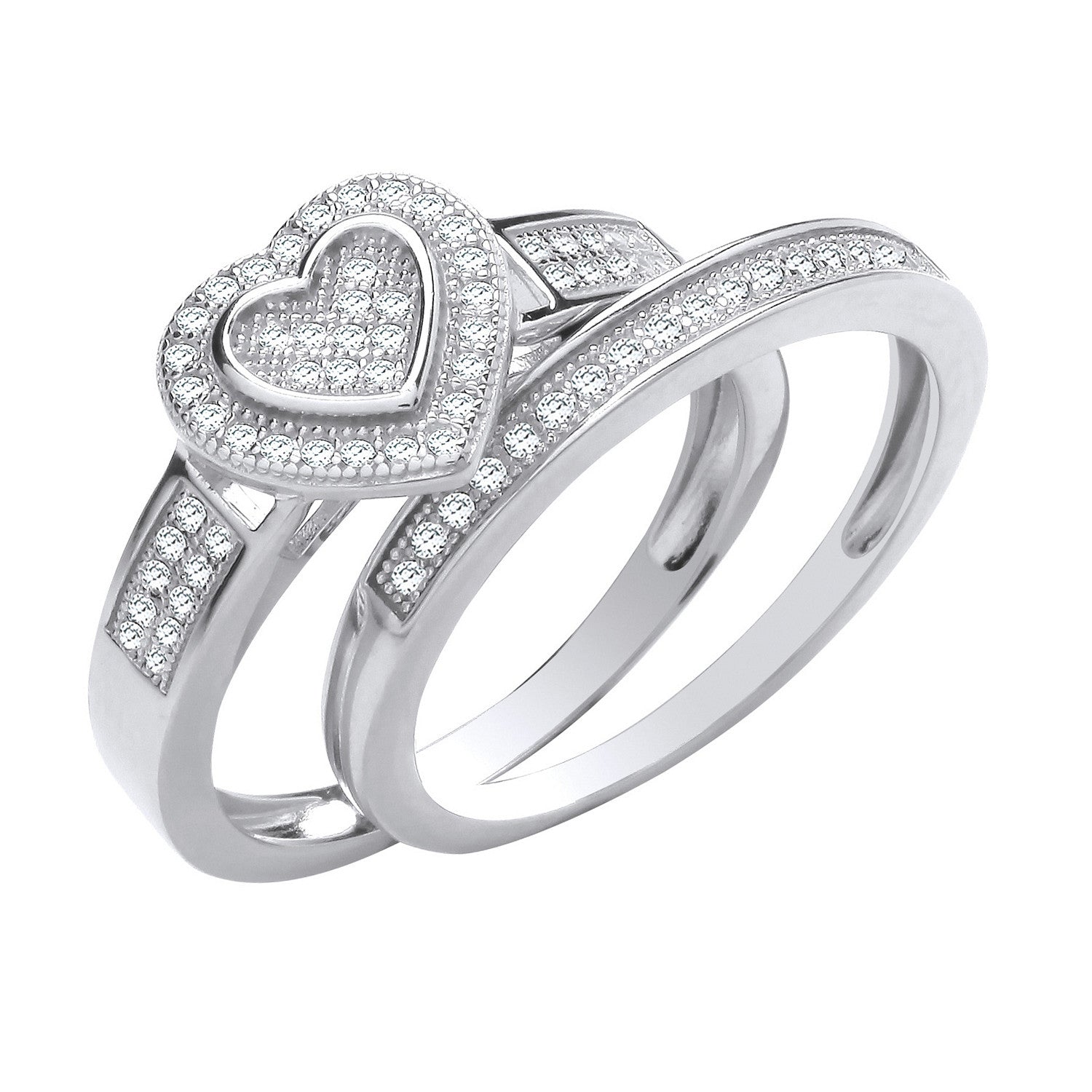 Silver Heart Bridal Set CZ Rings