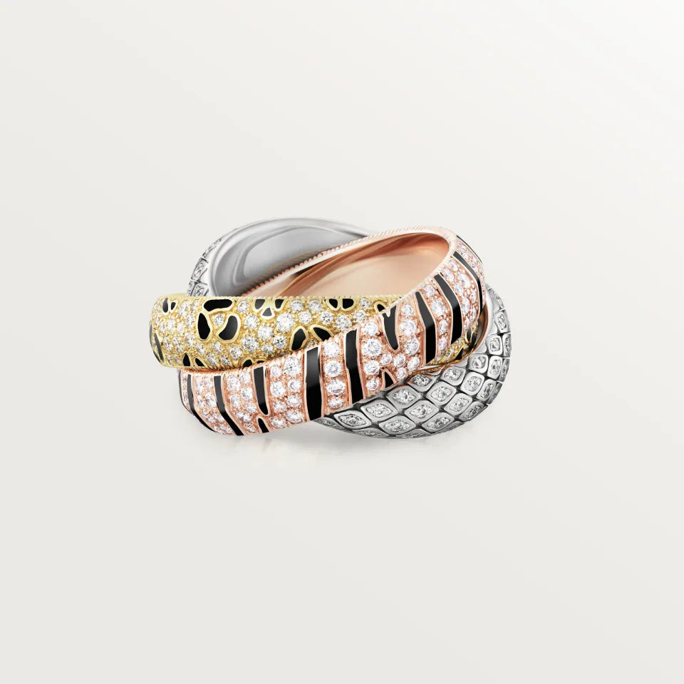 Cartier Trinity Ring Black Lacquer Paved Diamonds 18K Yellow, Rose & White Gold