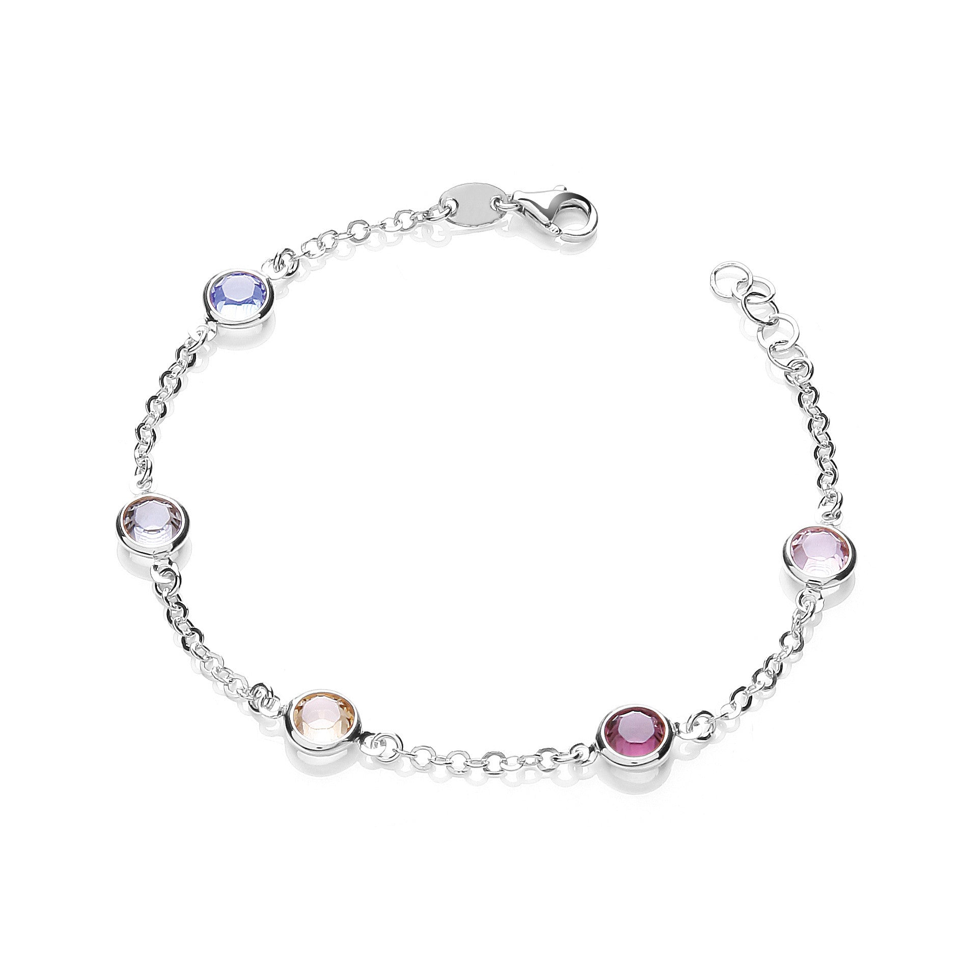 Silver 5 Multi Coloured Rubover Cz's 7"/19cm Bracelet