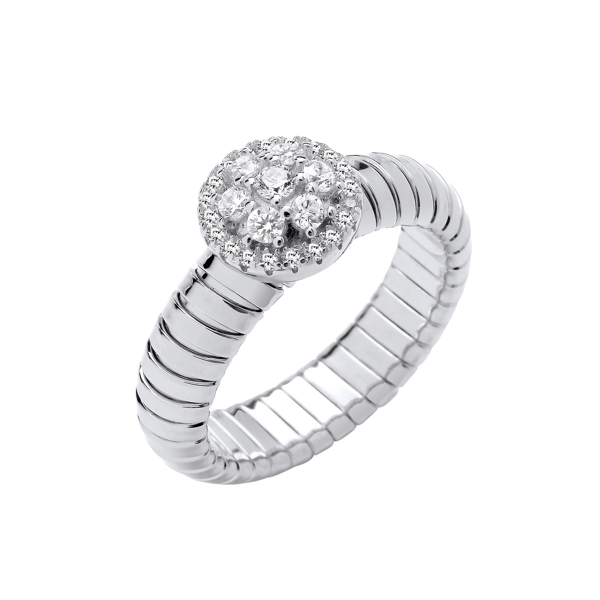 Silver Ribbed Link CZ Cluster Ring