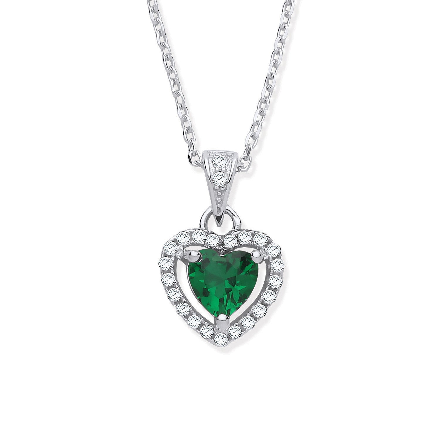 Silver Green CZ Halo Heart Pendant Necklace