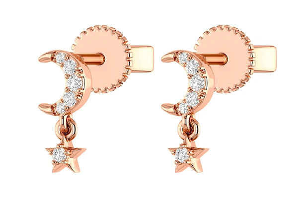 Erkals Jewellers Moon & Star Dangle Stud Earrings 18K Gold 0.05ctw
