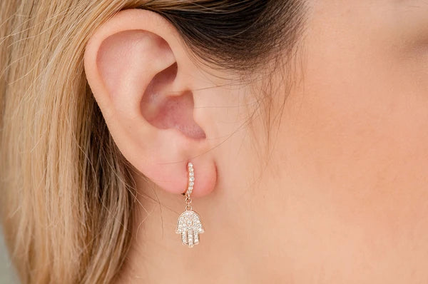 Erkals Jewellers Dangling Hamsa Huggie Earrings 18K Gold 0.50ctw