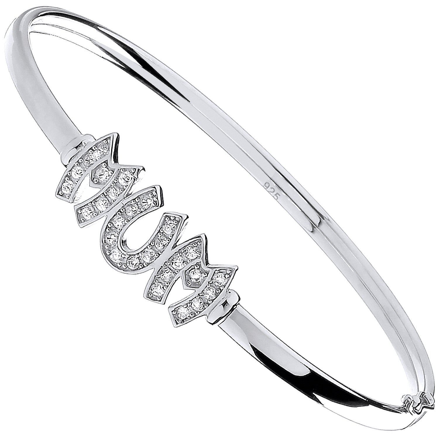 Silver Mum Cz Hinged Bangle