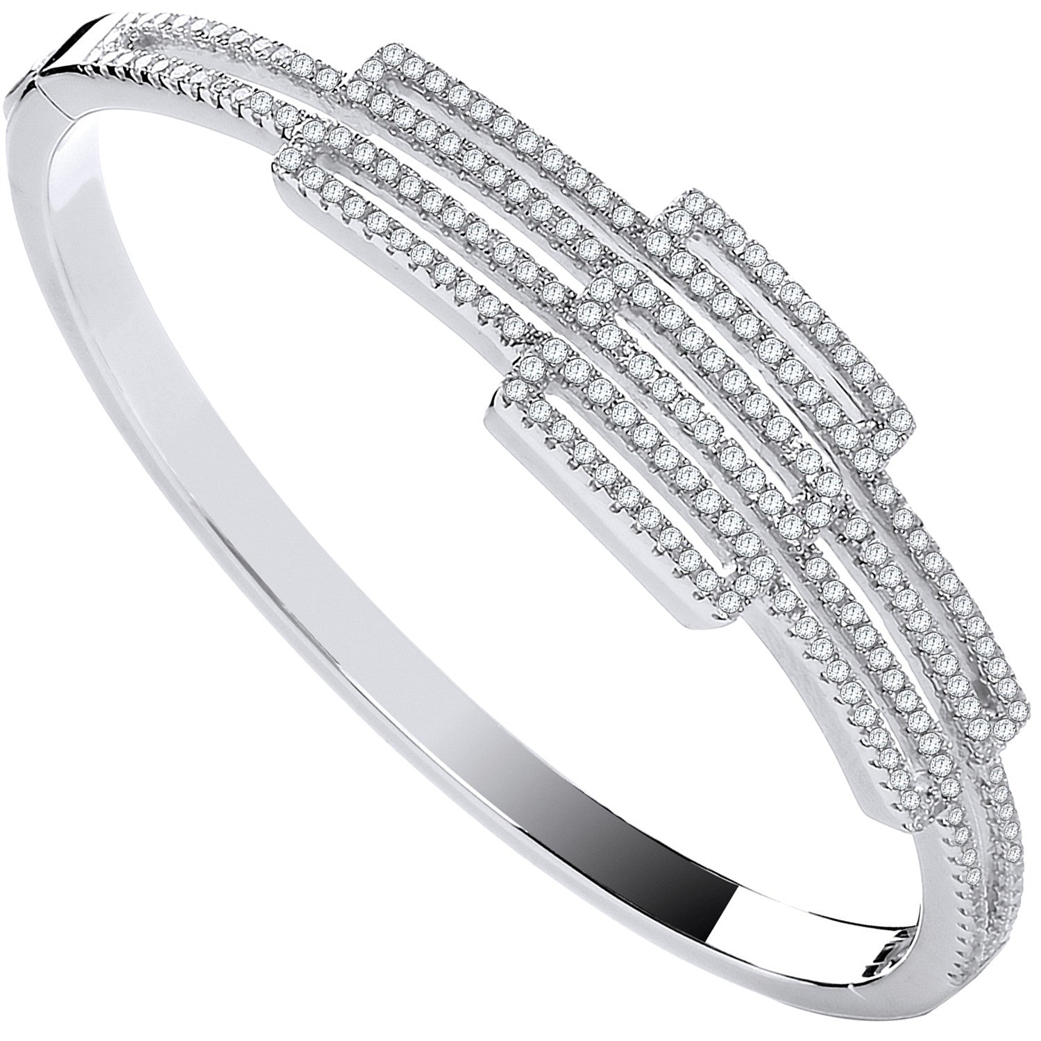 Silver Cz Rectangles Fancy Ladies Hinged Bangle