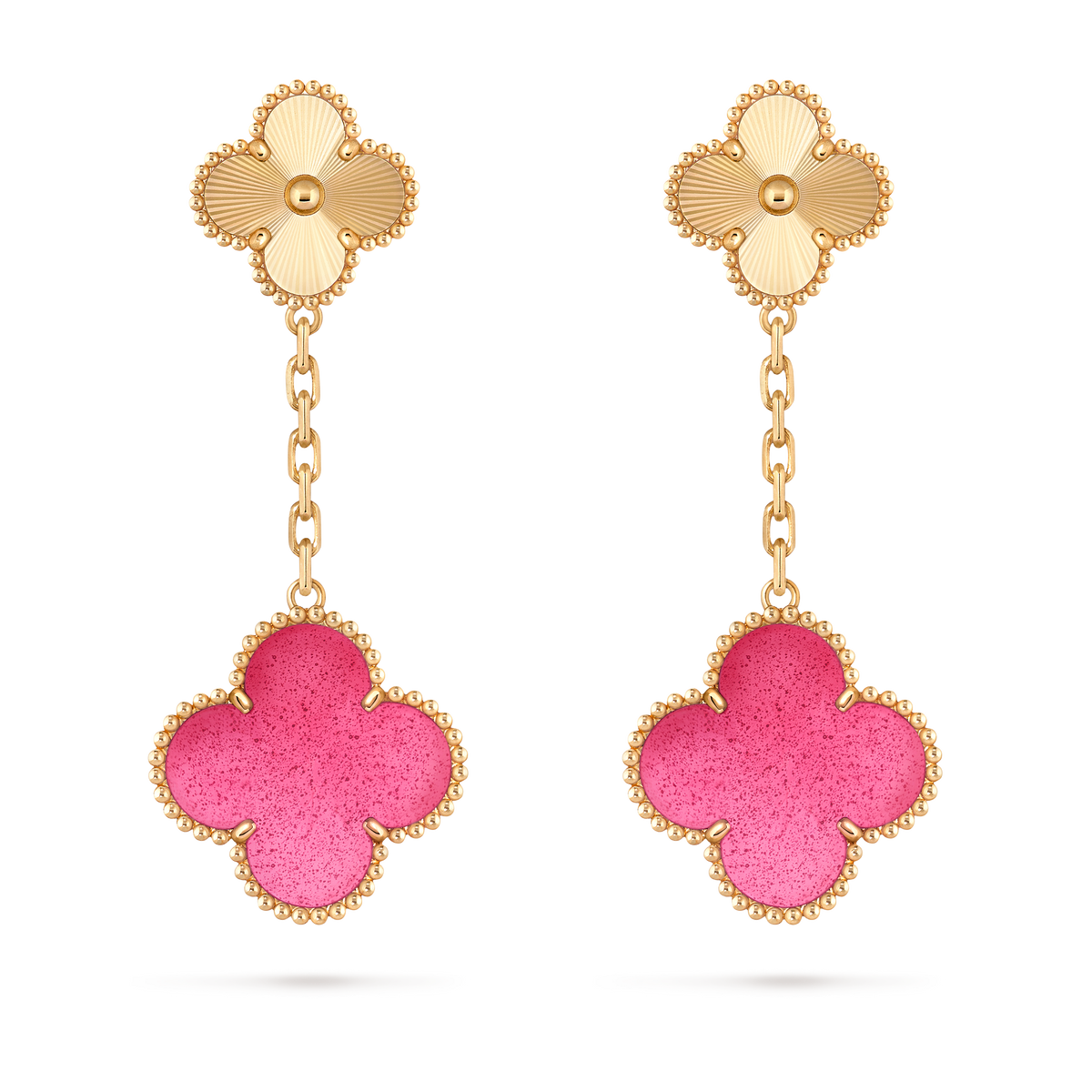Van Cleef & Arpels Magic Alhambra 2 Motifs Pink Enamel Earrings 18K Yellow Gold