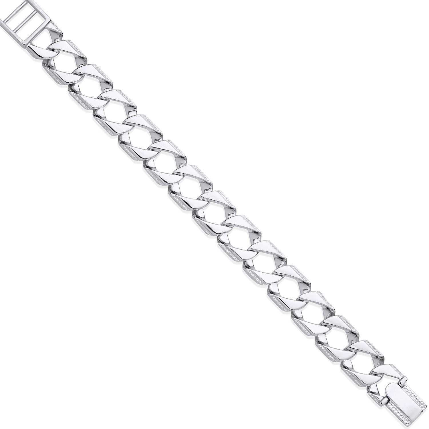 Silver 15mm Large Square Curb Ribbed Edge Link Gents Bracelet